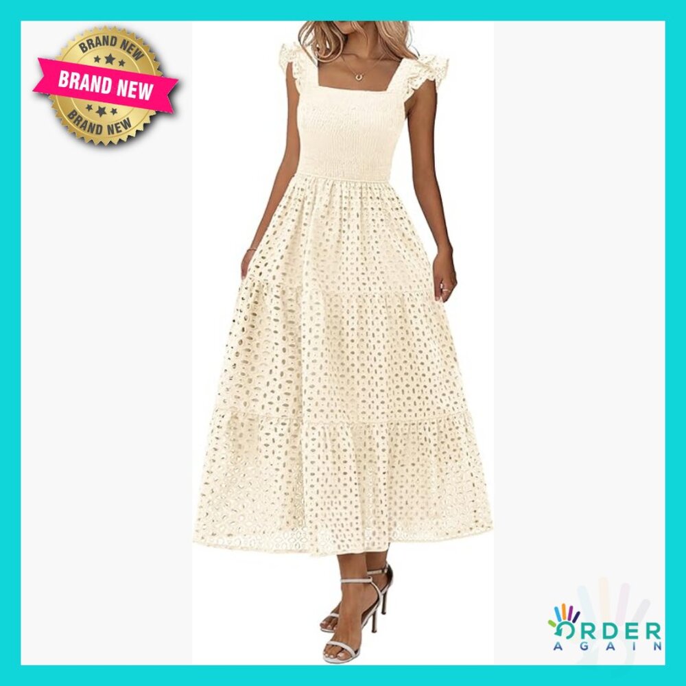 Summer Maxi Dress Square Neck Ruffle Cap Sleeve Hollow Out Eyelet Smocked